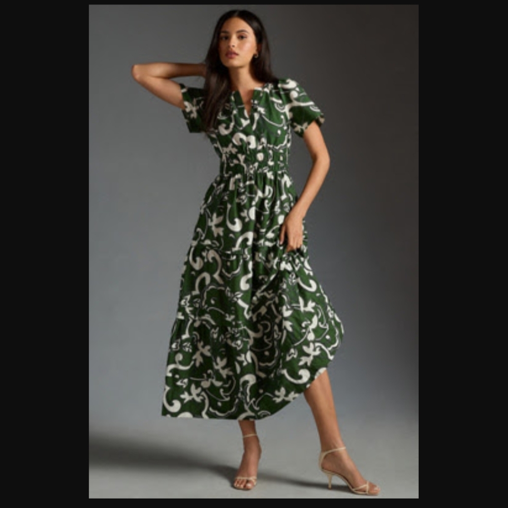 NWT Anthropologie Dress Somerset Side slant Smocked Waist Green